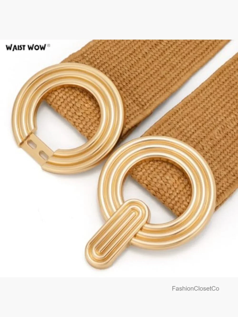 Straw Woven Elastic Belt with Gold Buckle Stretchy Wide Boho Dress Belt